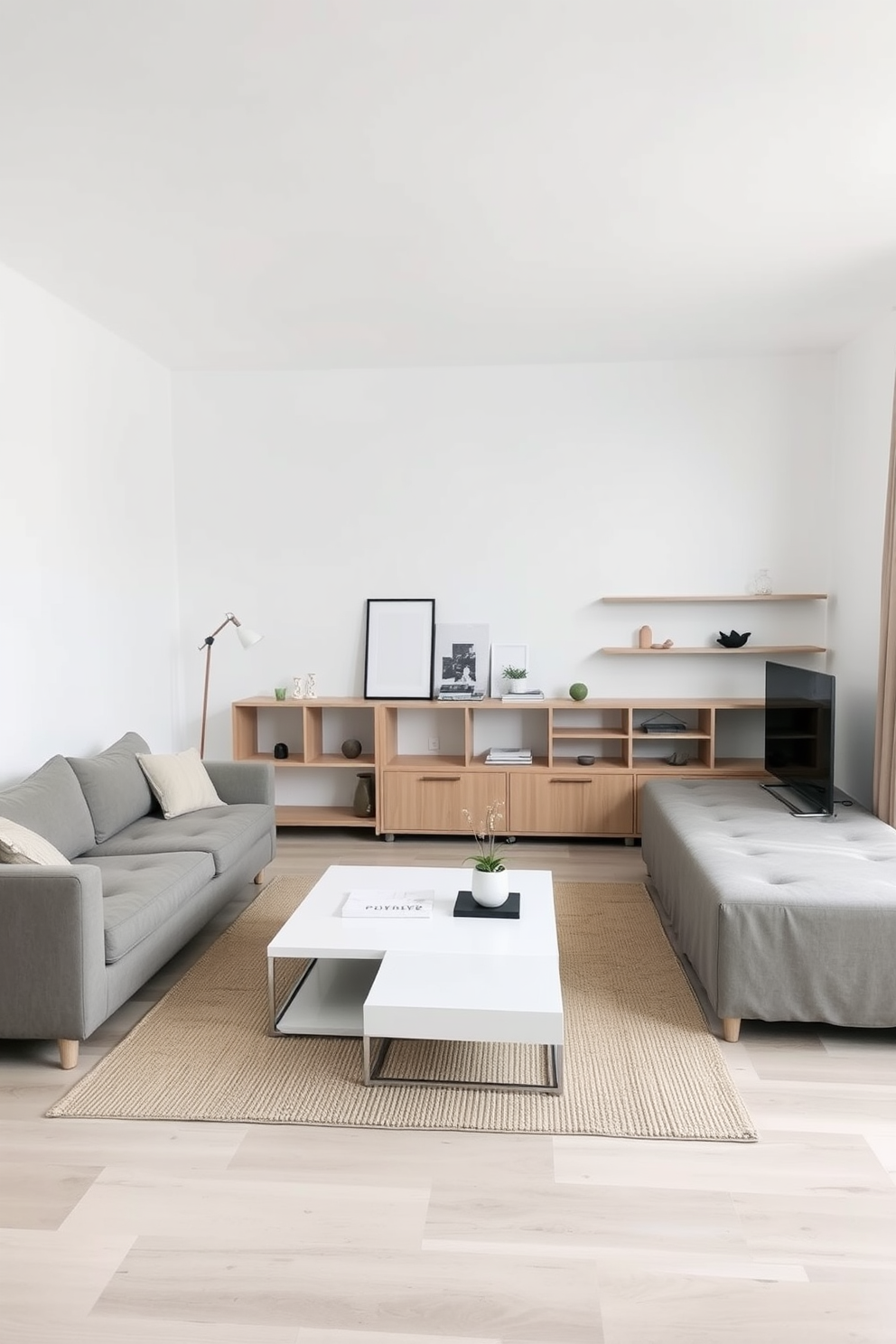 A minimalist living room featuring multifunctional furniture that maximizes space and efficiency. The room includes a sleek sofa that converts into a bed, paired with a coffee table that doubles as storage. The walls are painted in a soft white hue, creating a bright and airy atmosphere. A simple rug anchors the space, while strategically placed shelves display a few curated decor items without cluttering the room.