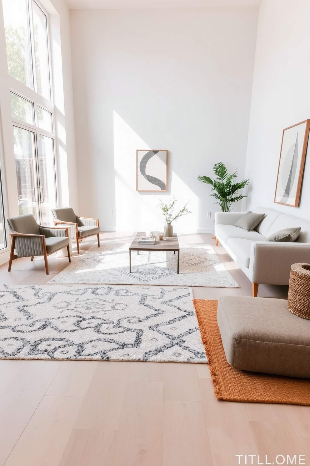 A minimalist living room with layered rugs that add warmth and texture to the space. The room features a neutral color palette with a sleek sofa, a low coffee table, and strategically placed accent chairs. Natural light pours in from large windows, highlighting the soft textures of the rugs beneath. Simple decor elements such as a few potted plants and a modern art piece complete the serene atmosphere.