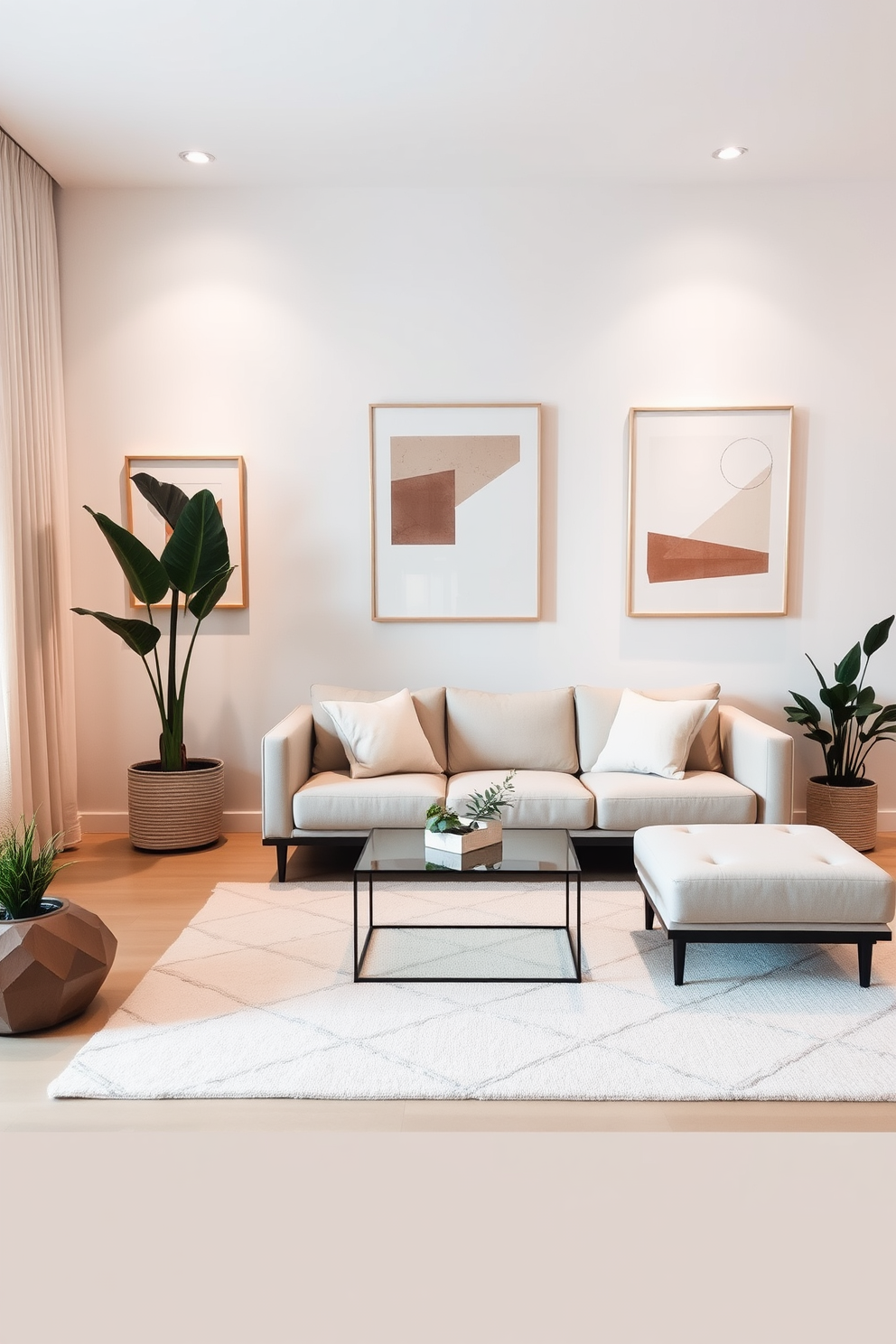 A minimalist living room features simple geometric shapes in decor that create a sense of harmony and balance. The furniture includes a low-profile sofa with clean lines and a coffee table shaped like a cube, both in neutral tones. The walls are adorned with abstract art pieces that emphasize geometric patterns, adding visual interest without overwhelming the space. A soft area rug with a subtle geometric design anchors the seating area, while a few potted plants introduce a touch of nature.