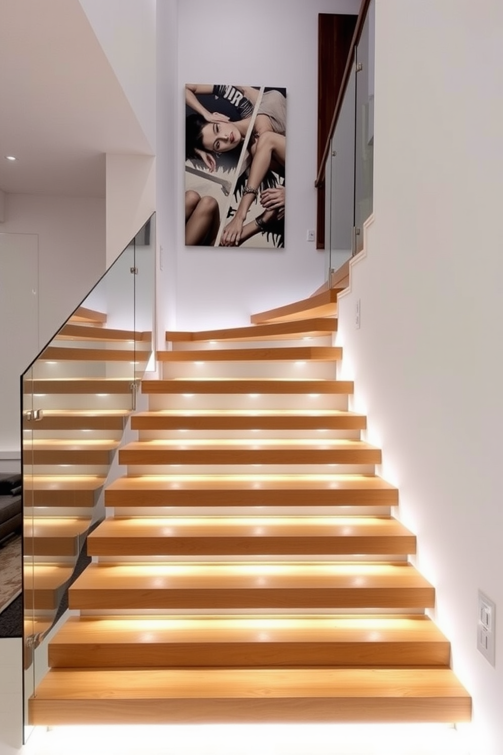 Floating wooden steps create a striking visual impact in a modern home. The glass railing enhances the sense of openness while providing safety and elegance. The staircase is illuminated by soft LED lights embedded in the steps. The surrounding walls are painted in a crisp white to accentuate the sleek design.