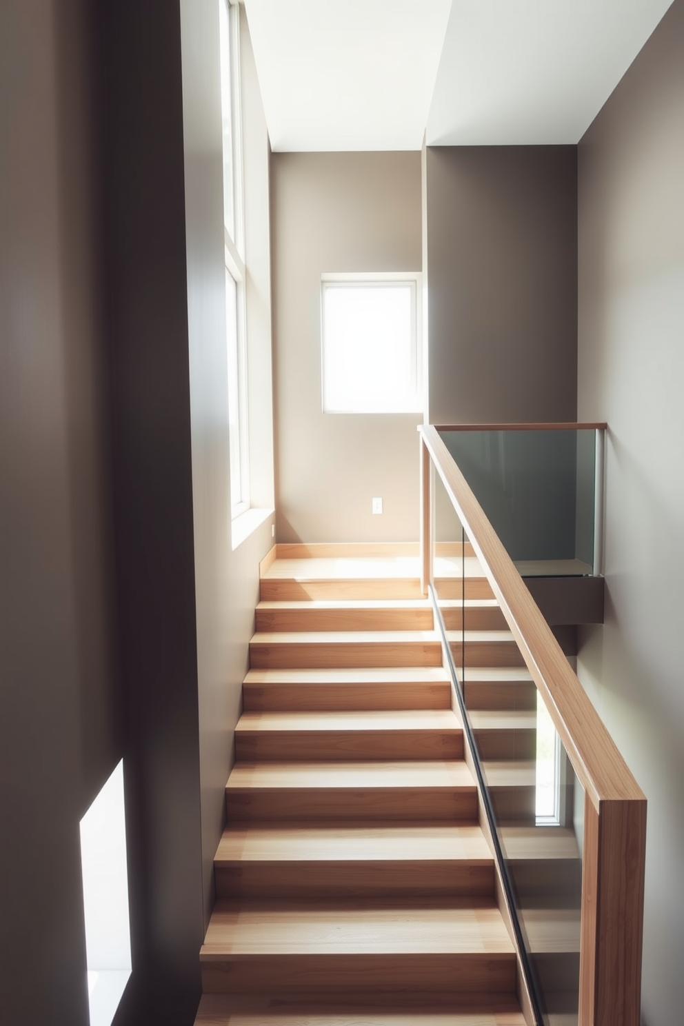 A minimalist staircase design featuring a sleek wooden staircase with a smooth finish. The walls are painted in varying shades of the same color, creating a cohesive and calming atmosphere. The staircase has a simple yet elegant railing made of glass, allowing light to flow through. Large windows on one side provide natural light, highlighting the clean lines and uncluttered space.