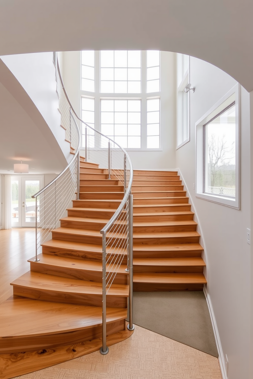 A gracefully curved staircase extends elegantly from the foyer to the upper level. The handrail features a sleek metal finish, complementing the smooth wooden steps that create a seamless flow. The staircase is surrounded by large windows that allow natural light to flood the space. Soft neutral tones on the walls enhance the minimalist aesthetic, making the area feel open and inviting.