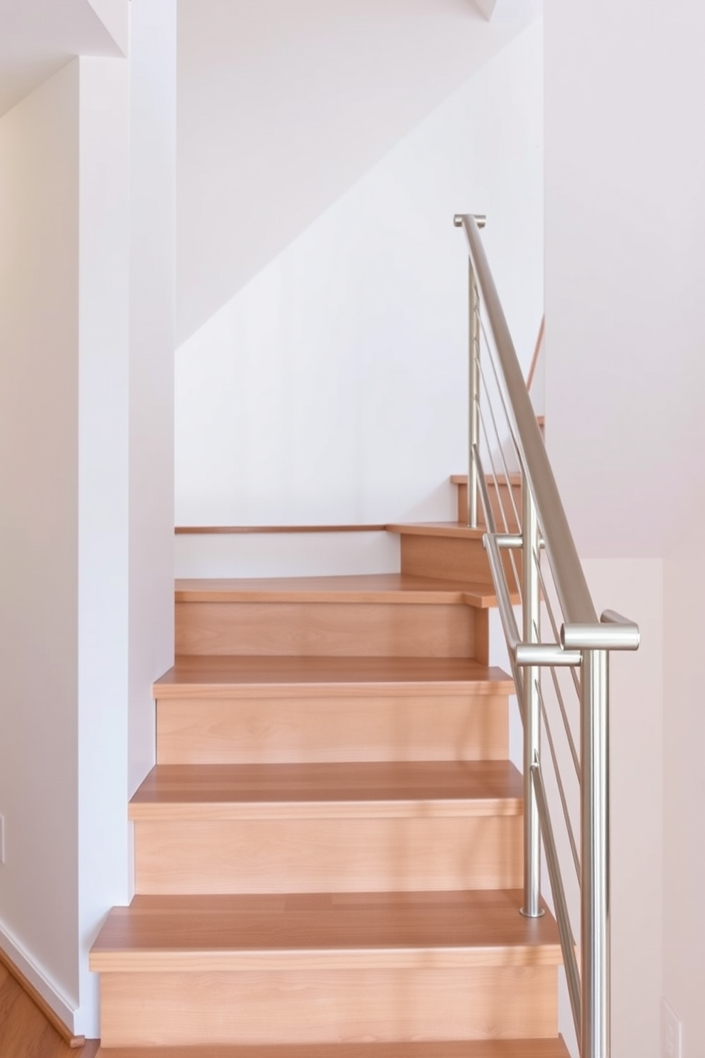 A minimalist staircase design featuring stainless steel handrails that provide a sleek and modern finish. The staircase is open and airy, with wooden treads and a light-colored wall that enhances the overall elegance of the space.