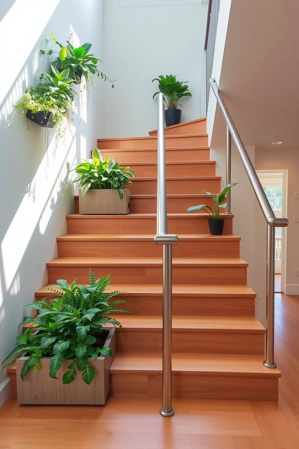 A sleek staircase with integrated planters on each side, showcasing lush greenery that complements the modern aesthetic. The steps are made of polished wood, and the handrail is a simple metal design that adds an elegant touch. The planters are filled with a variety of plants, creating a vibrant contrast against the neutral color of the staircase. Natural light floods the space, highlighting the beauty of both the staircase and the greenery.