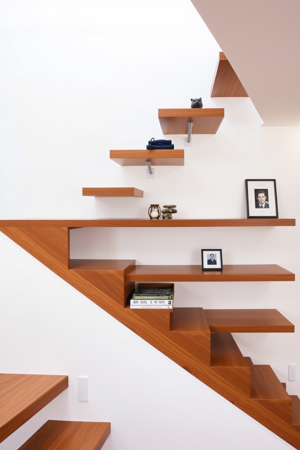 A minimalist staircase features floating shelves seamlessly integrated as risers, creating a sleek and modern aesthetic. The shelves are made of polished wood, showcasing a selection of curated decor items, while the staircase is surrounded by a clean white wall that enhances the airy feel of the space.