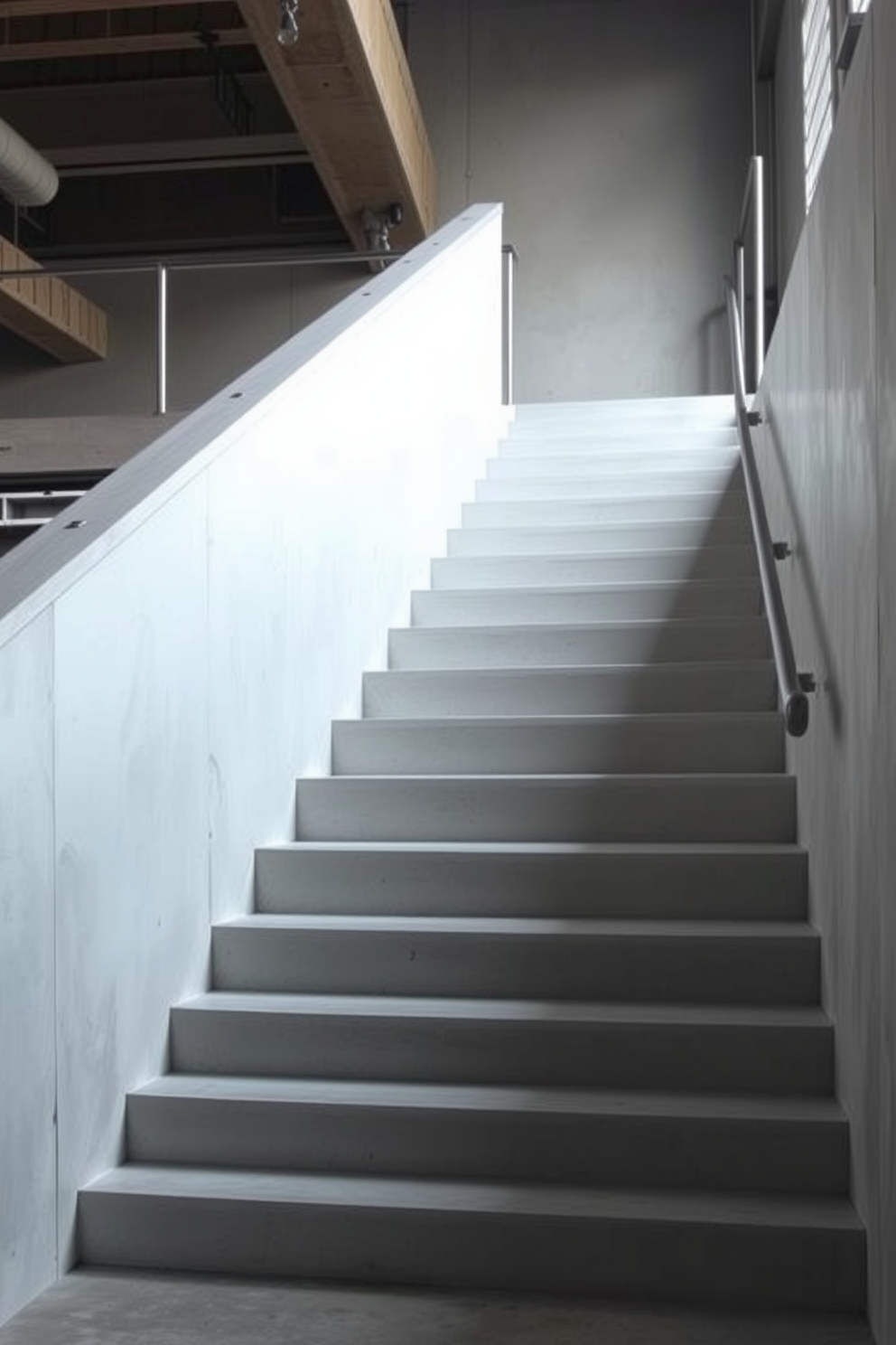 A sleek set of minimalist concrete steps leads gracefully to an upper level. The steps feature clean lines and a smooth finish, creating a striking contrast against the surrounding industrial elements. The staircase is designed with an open riser concept, allowing light to filter through. Modern metal railings complement the concrete, enhancing the overall minimalist aesthetic.