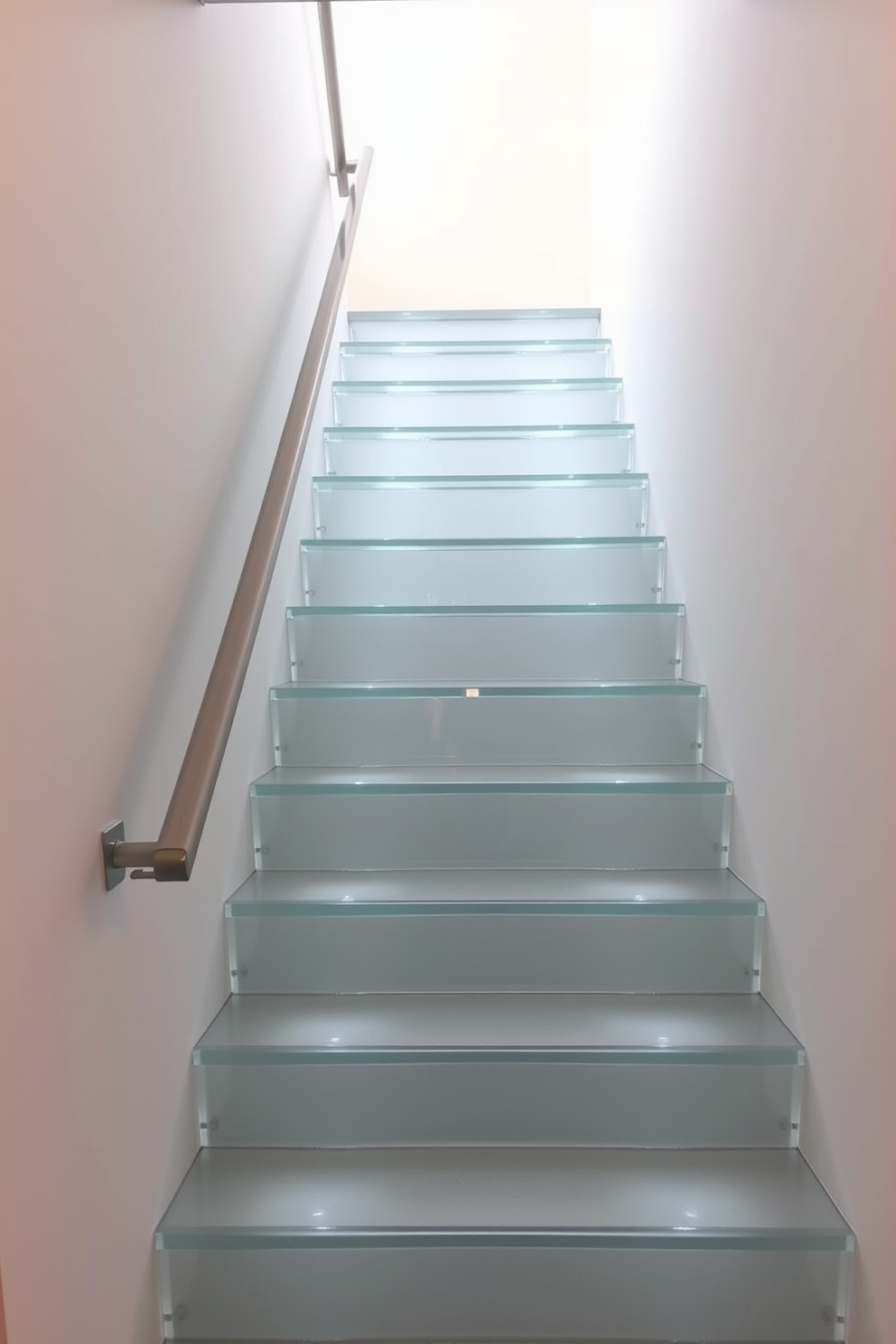 A minimalist staircase design featuring translucent acrylic steps that create a stunning visual effect. The surrounding walls are painted in a crisp white, enhancing the modern aesthetic of the space. Soft ambient lighting illuminates the steps from below, casting gentle shadows and adding depth. The sleek handrail is made of brushed metal, complementing the overall clean lines of the staircase.