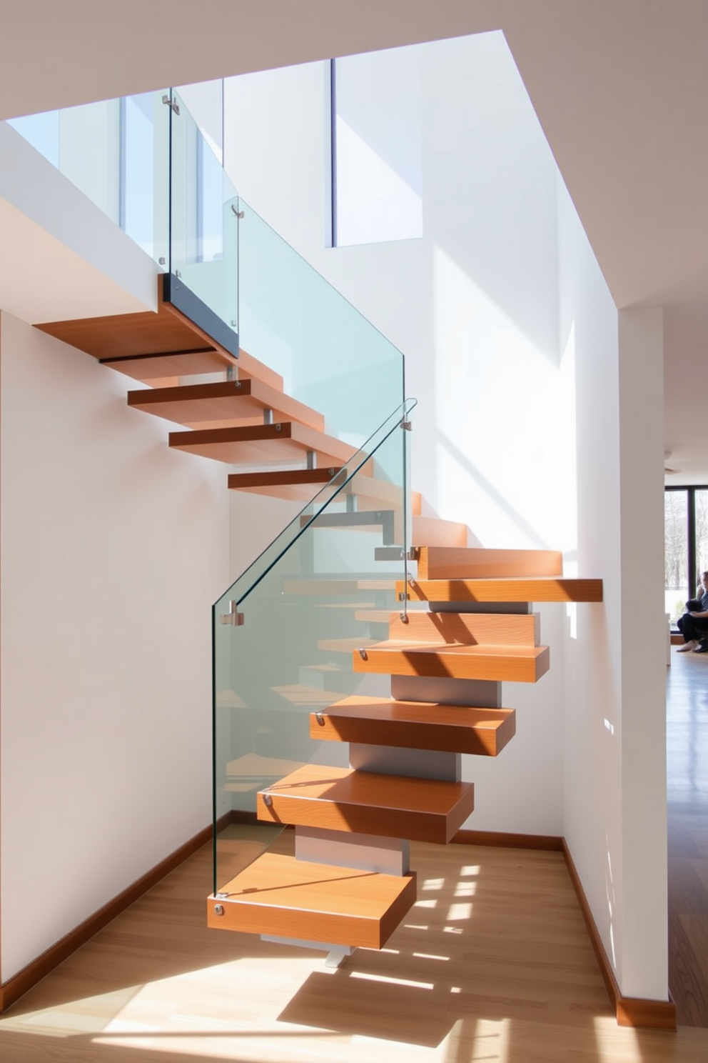 A stunning cantilevered staircase elegantly floats in an open space, showcasing a sleek design that emphasizes simplicity and functionality. The steps are made of polished wood, seamlessly extending from the wall, with glass railings that enhance the airy feel of the room. The minimalist staircase features clean lines and a neutral color palette, allowing it to blend harmoniously with the surrounding decor. Natural light floods the area, highlighting the staircase's unique architectural details and creating a warm, inviting atmosphere.