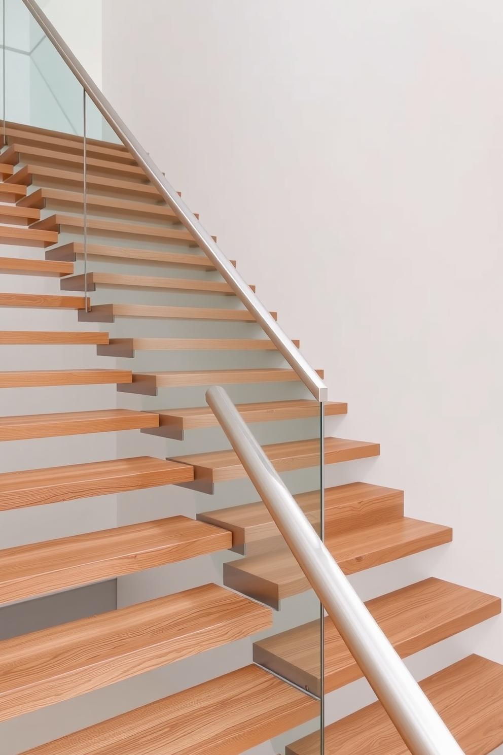 A minimalist staircase design featuring sleek wooden steps that appear to float. The continuous handrail, crafted from brushed stainless steel, elegantly follows the contour of the staircase, enhancing the clean lines of the overall aesthetic.