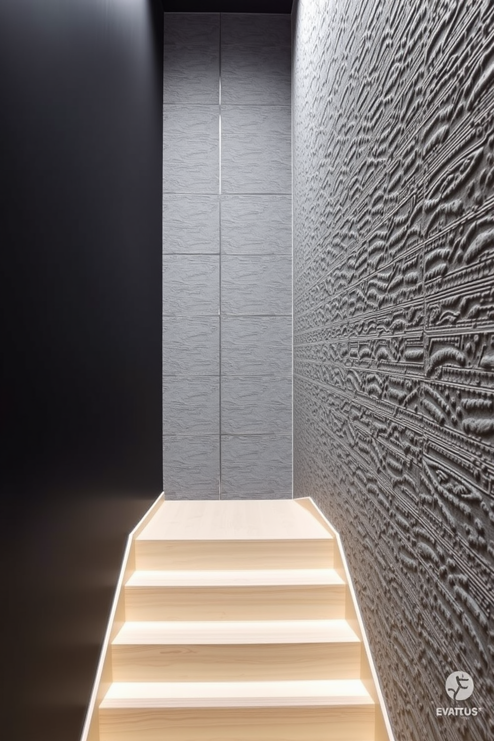 Textured wall panels line the staircase, creating a striking visual contrast with the sleek, minimalist design. The staircase features clean lines and a light wood finish, enhancing the airy feel of the space.