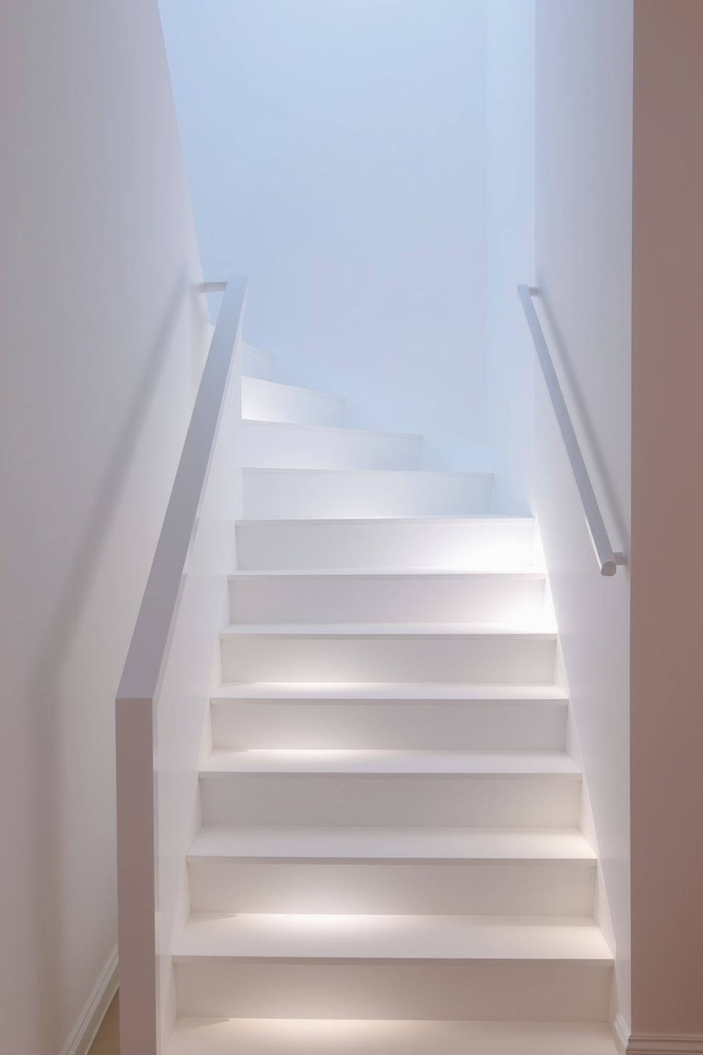 A minimalist staircase design featuring simple white stairs illuminated by subtle accent lighting. The clean lines of the staircase are complemented by a sleek handrail, creating an airy and modern aesthetic.