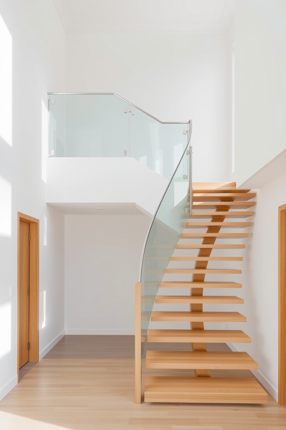 Asymmetrical staircase design featuring a sleek wooden structure that creates a striking focal point in the entryway. The staircase is complemented by a glass railing that enhances the sense of openness and allows natural light to flow through the space. Minimalist staircase design with clean lines and a floating effect that adds a modern touch to the interior. The steps are crafted from light-colored wood, and the surrounding walls are painted in a crisp white, creating a serene and uncluttered atmosphere.