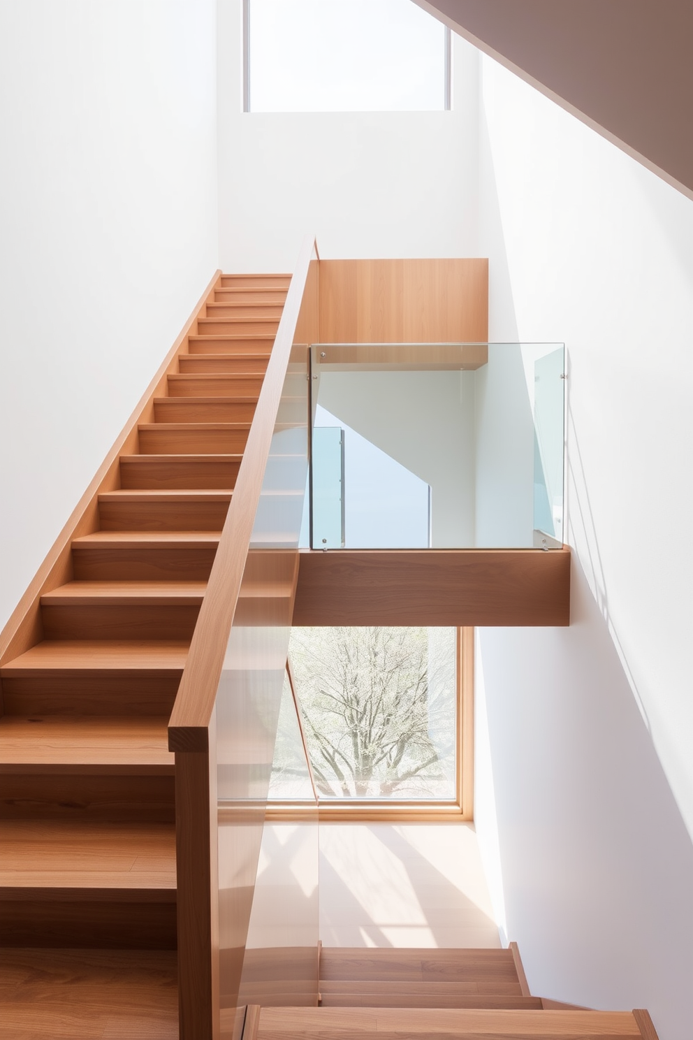 A minimalist staircase design featuring a sleek wooden staircase with clean lines and a glass landing that allows light to flow through. The glass landing creates a sense of transparency and openness, enhancing the airy feel of the space.