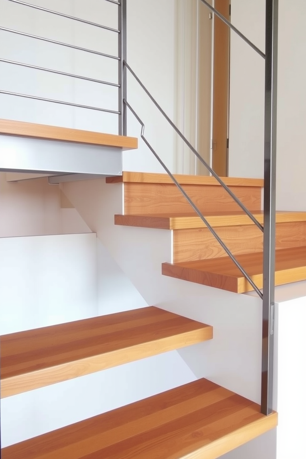 A minimalist staircase design featuring a combination of warm wood and sleek metal elements. The staircase has wooden treads with a natural finish, complemented by a metal railing that adds a modern touch.