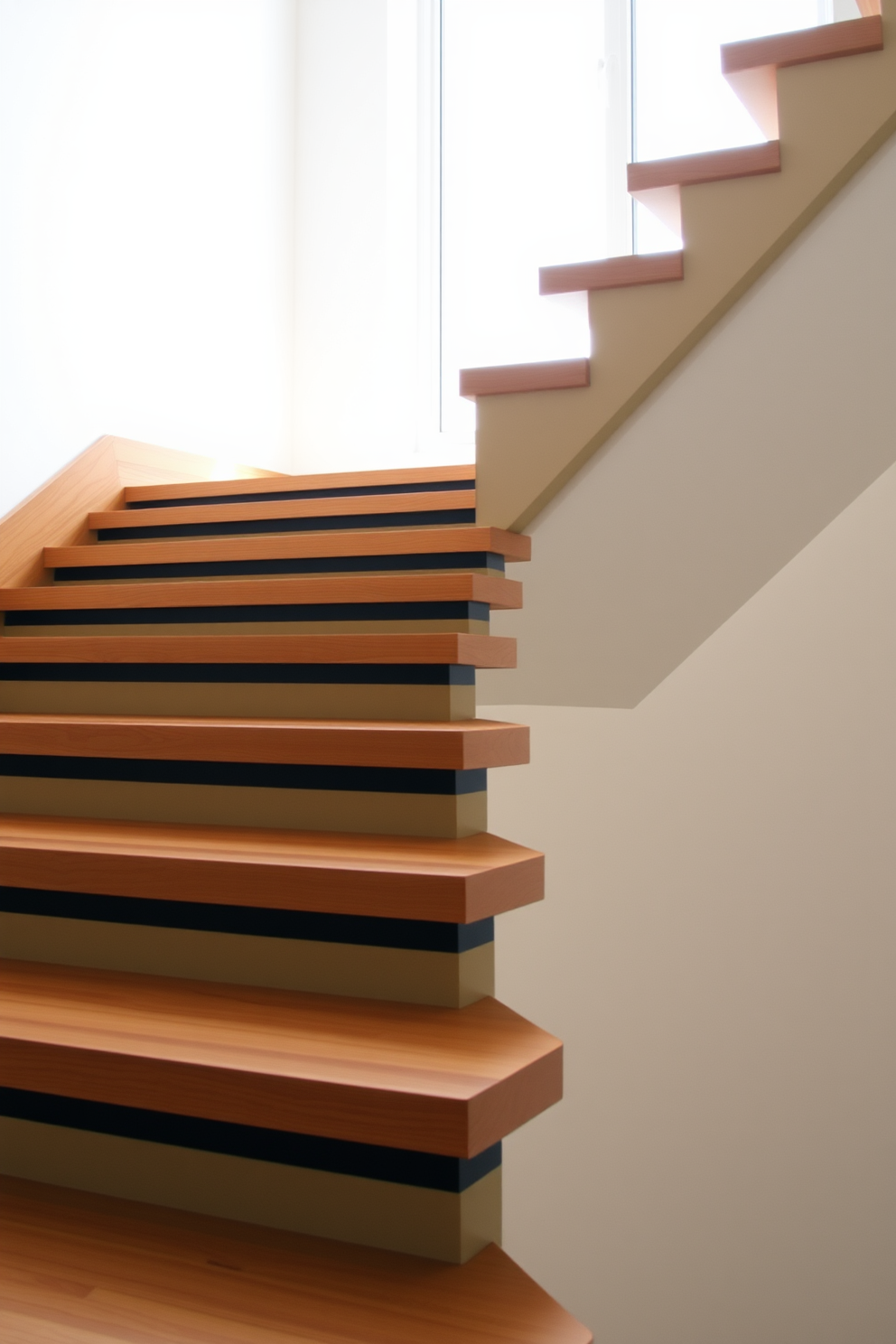 A minimalist staircase design featuring sleek wooden steps with contrasting color risers. The staircase is illuminated by natural light streaming in from a nearby window, creating a bright and airy atmosphere.