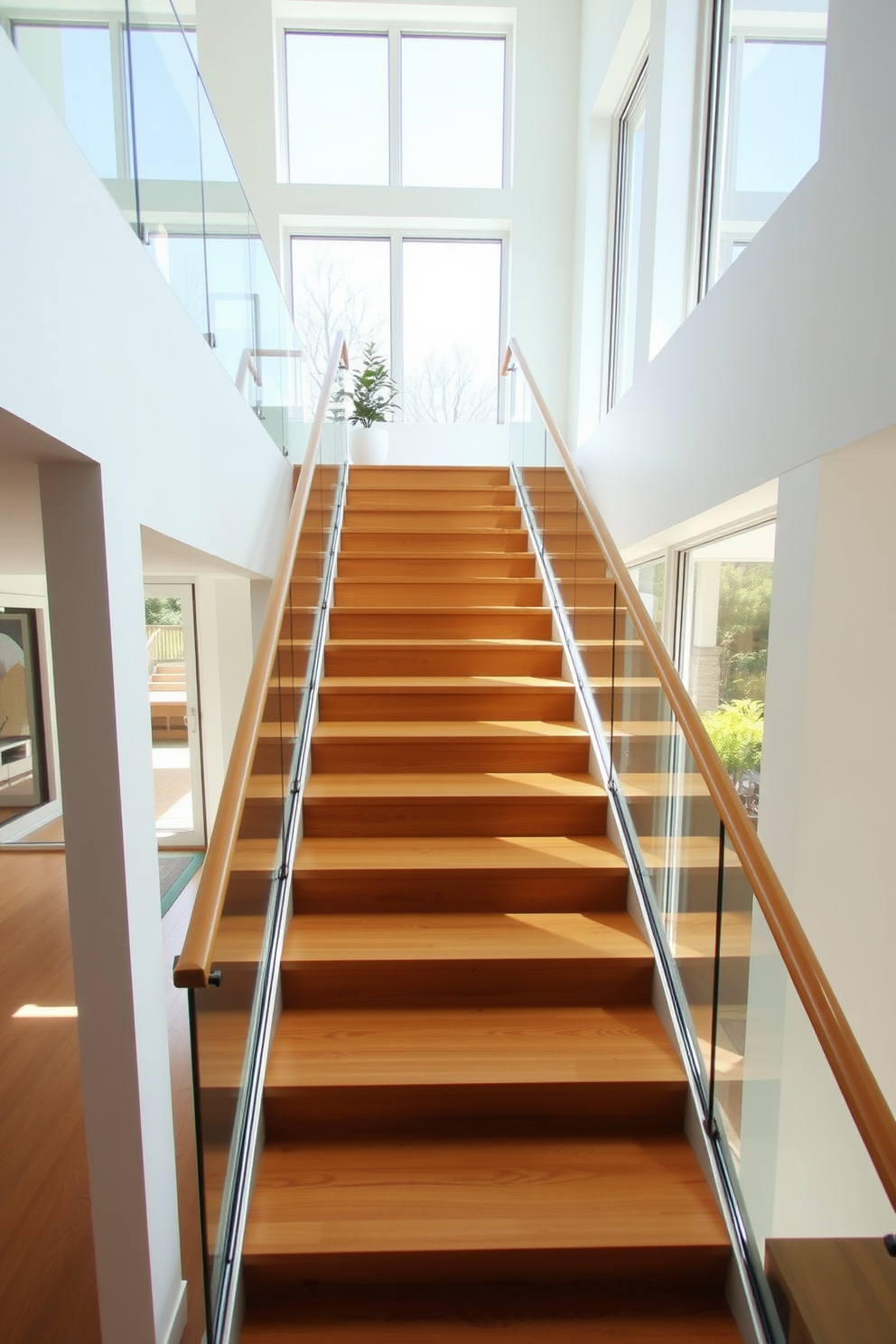 Open staircase design for visual continuity. The staircase features sleek wooden steps with a glass railing that enhances the sense of space. Natural light floods the area through large windows, creating an inviting atmosphere. The walls are painted in a soft white tone, complementing the minimalist aesthetic. The landing includes a small, modern seating area with a potted plant for added warmth. Clean lines and uncluttered surfaces emphasize the open design concept. Minimalist staircase design ideas focus on simplicity and functionality. Each step is designed to blend seamlessly with the surrounding decor, creating a harmonious flow throughout the home.