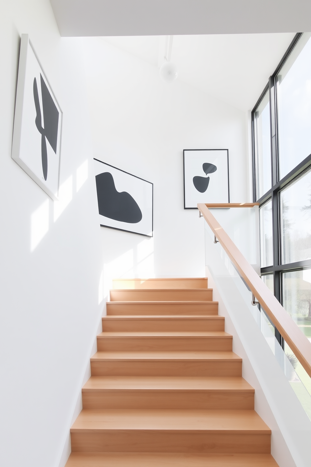 A sleek staircase features a clean design with a light wood finish and white walls. Minimalist art pieces in monochromatic tones are displayed along the staircase, creating a striking visual contrast. The staircase is illuminated by natural light streaming through a large window. Simple geometric shapes and abstract forms in the art enhance the airy, uncluttered feel of the space.