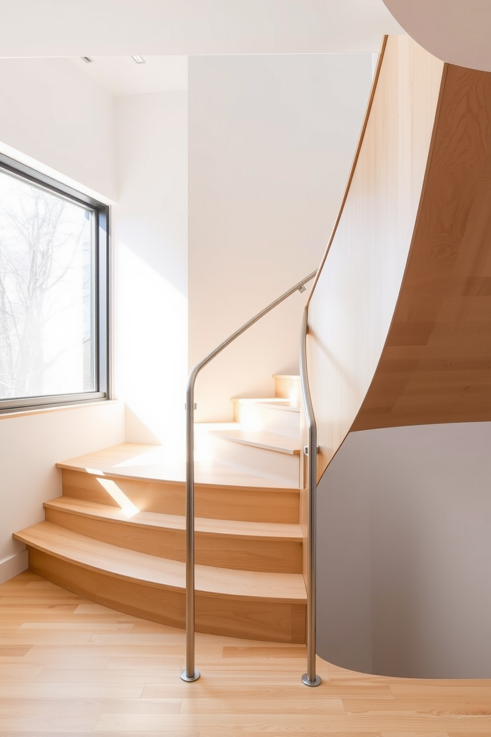 A minimalist staircase design featuring clean lines and a seamless transition to the flooring. The staircase is constructed from light wood with a smooth finish, blending effortlessly into the hardwood floor below. The handrail is made of sleek metal, complementing the overall simplicity of the design. Natural light floods the space through a large window, highlighting the elegant curves of the staircase.