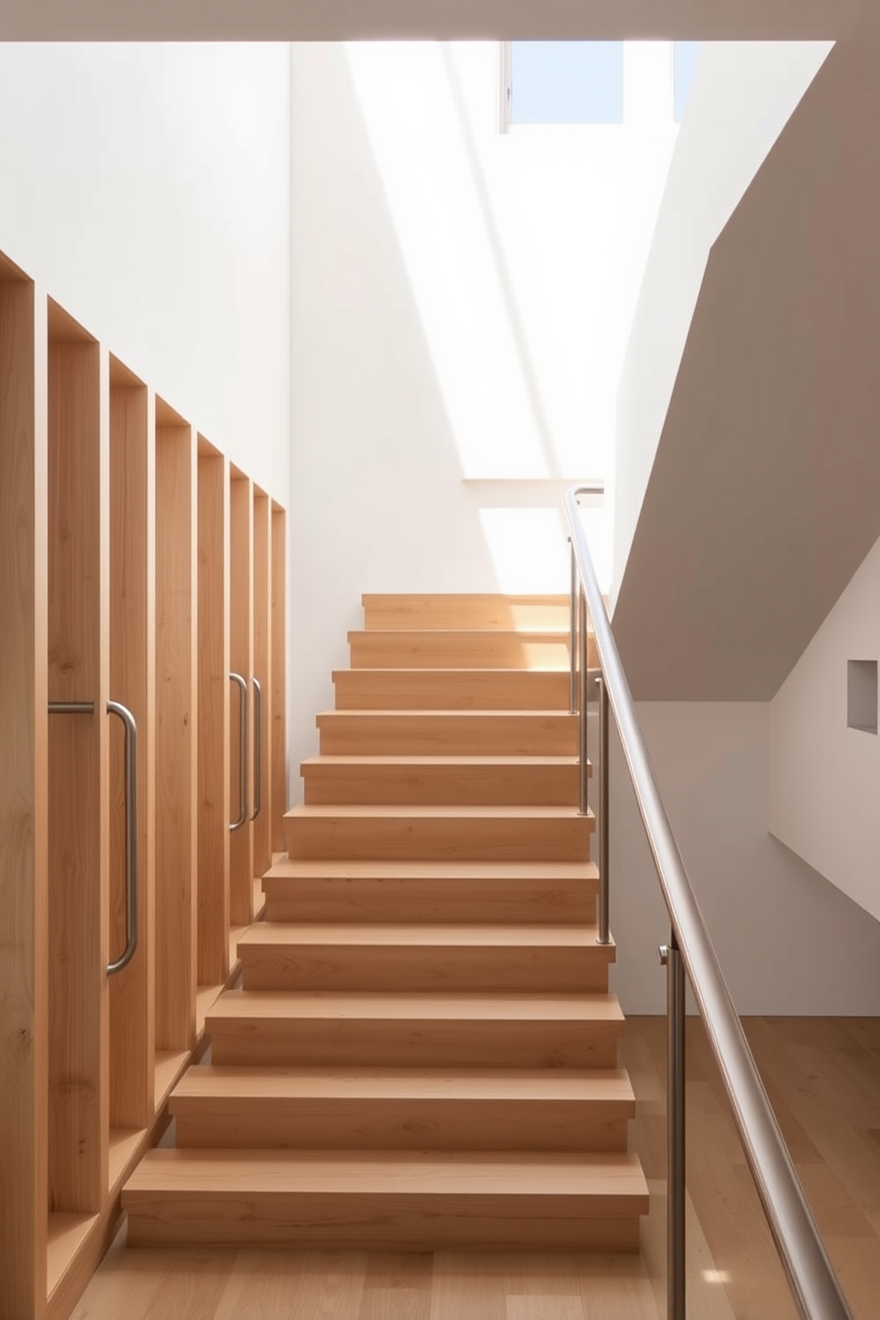 A minimalist staircase design featuring open risers to create an airy feel. The staircase is constructed from light wood with sleek metal handrails, allowing natural light to flow through the space.