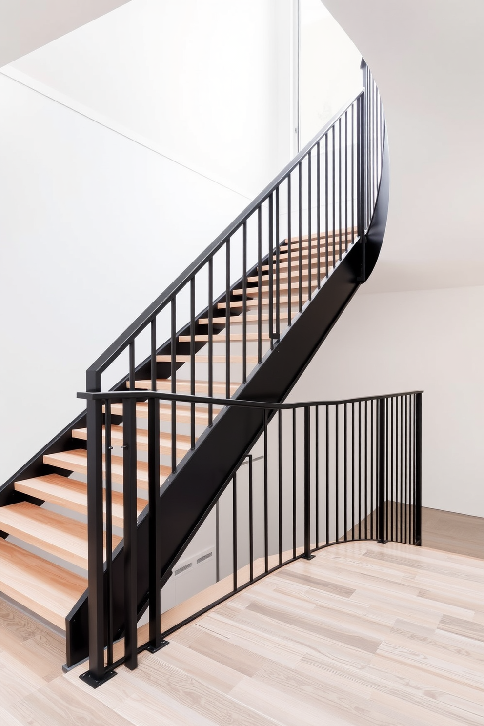 A minimalist staircase design featuring sleek black metal railings that provide a striking contrast against the light wooden steps. The staircase is open and airy, allowing natural light to flood the space and highlight the clean lines and modern aesthetic.