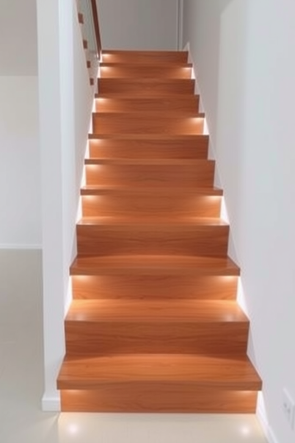 A minimalist staircase design featuring sleek wooden steps with integrated LED lighting under each step. The staircase is surrounded by a light-filled space, emphasizing clean lines and a contemporary aesthetic.