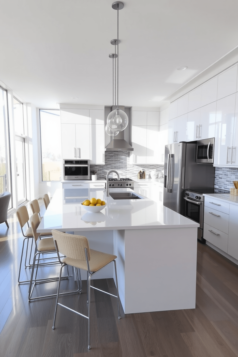 A sleek kitchen featuring a large island with seating for four. The cabinetry is a glossy white finish, complemented by stainless steel appliances and a stylish backsplash in shades of gray. Natural light floods the space through floor-to-ceiling windows, highlighting the open layout. The island is adorned with minimalist pendant lighting and a bowl of fresh fruit for a pop of color.