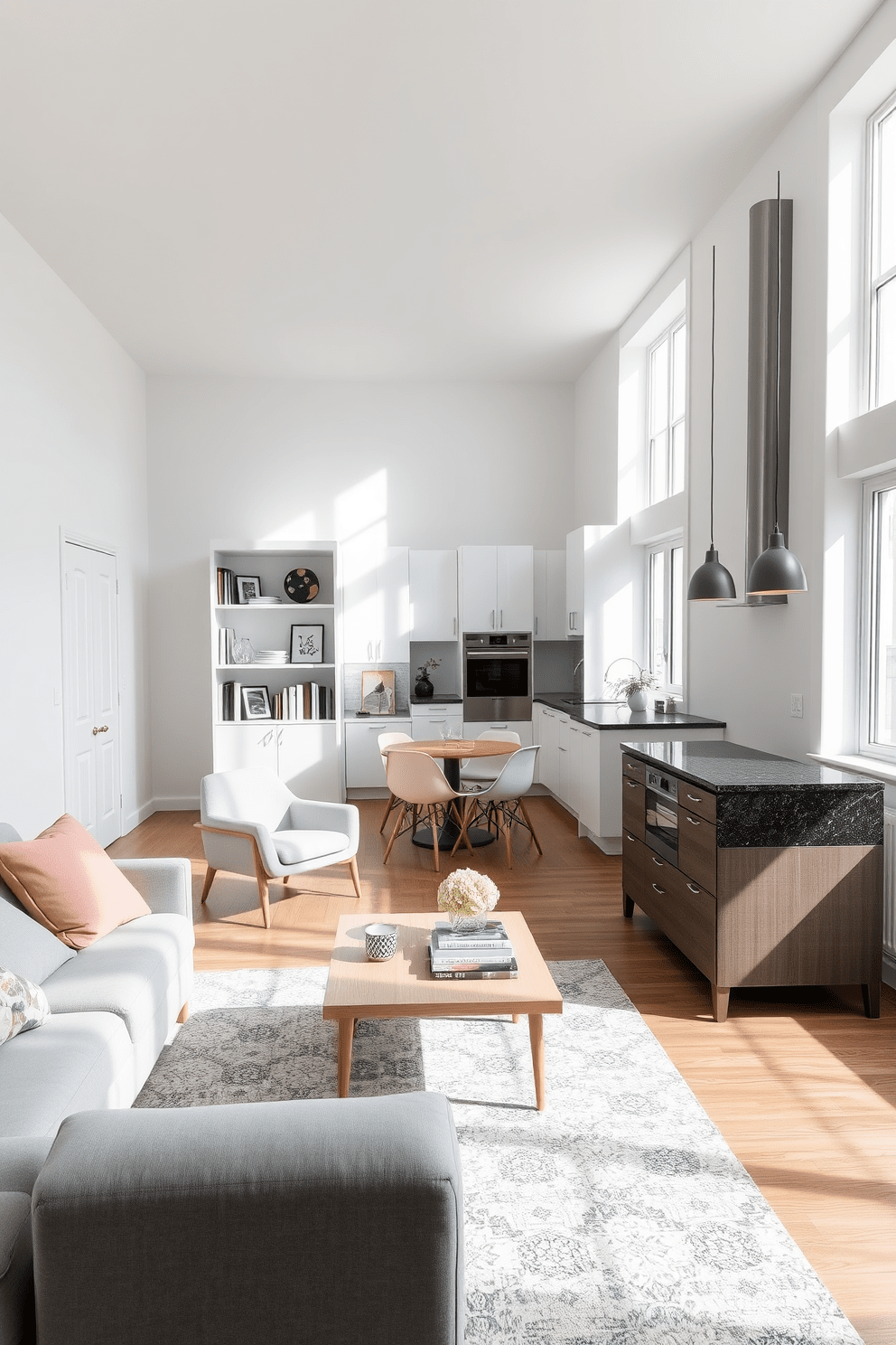 A Scandinavian living room that embodies simplicity and comfort. It features a light wood coffee table surrounded by a plush gray sofa and two accent chairs in soft pastels. Large windows allow natural light to flood the space, highlighting a minimalist bookshelf filled with curated decor. The walls are painted in a crisp white, and a cozy area rug adds warmth underfoot. A modern apartment kitchen designed for functionality and style. Sleek white cabinets contrast with a dark granite countertop, and stainless steel appliances seamlessly integrate into the design. An island with bar seating provides a casual dining option, while pendant lights hang above to create an inviting atmosphere.