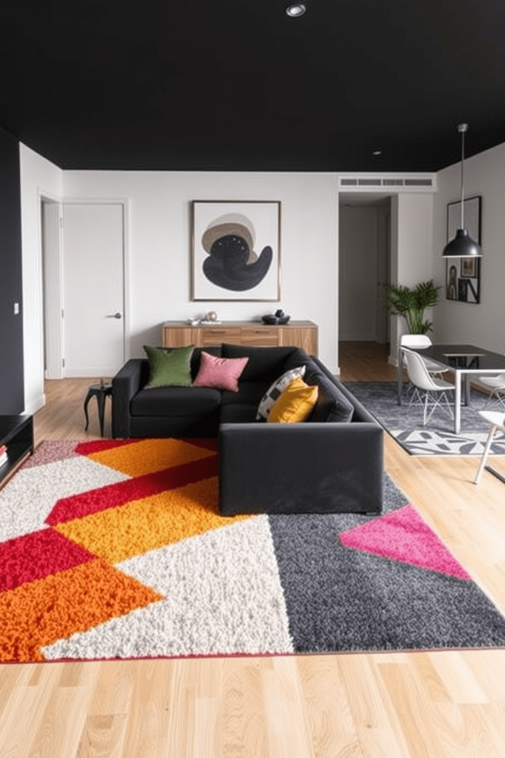 A modern apartment design featuring bold area rugs that define distinct living spaces. The rugs are vibrant in color and pattern, adding a dynamic touch to the overall aesthetic while enhancing the functionality of each area. The living room showcases a plush, oversized rug in a geometric design, anchoring the seating arrangement. Adjacent to the dining area, a contrasting rug delineates the space, complementing the sleek dining table and chairs.