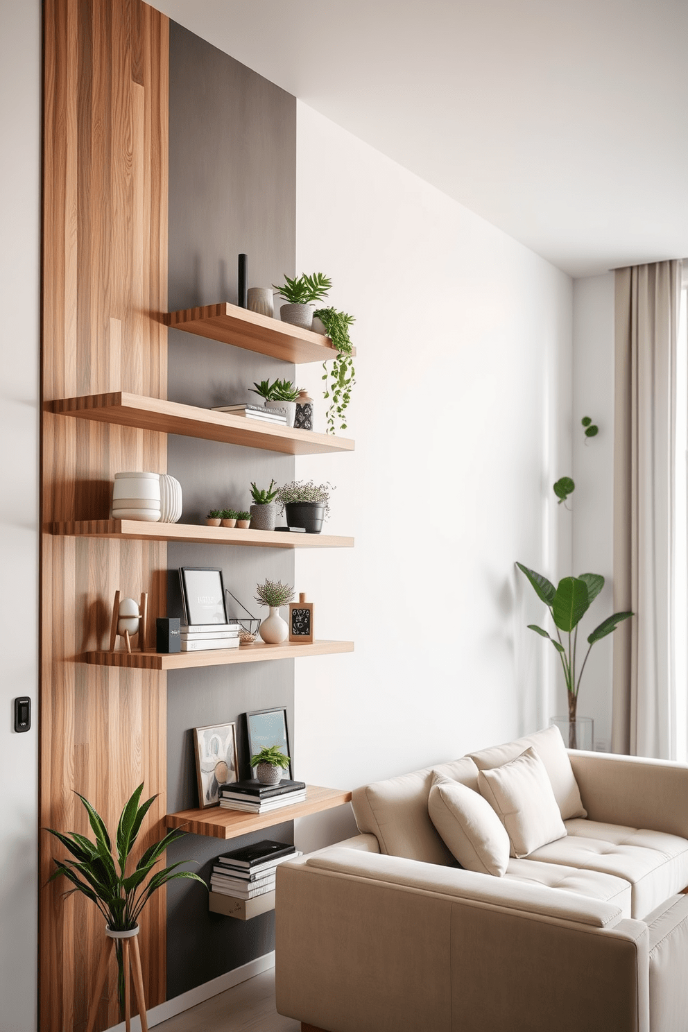 A sleek modern apartment featuring wall-mounted shelves that provide stylish storage solutions. The shelves are made of light wood and are adorned with decorative items and plants, creating a fresh and inviting atmosphere. The living area is open and airy, with large windows allowing natural light to flood in. A comfortable sofa in neutral tones complements the minimalist decor, enhancing the contemporary feel of the space.