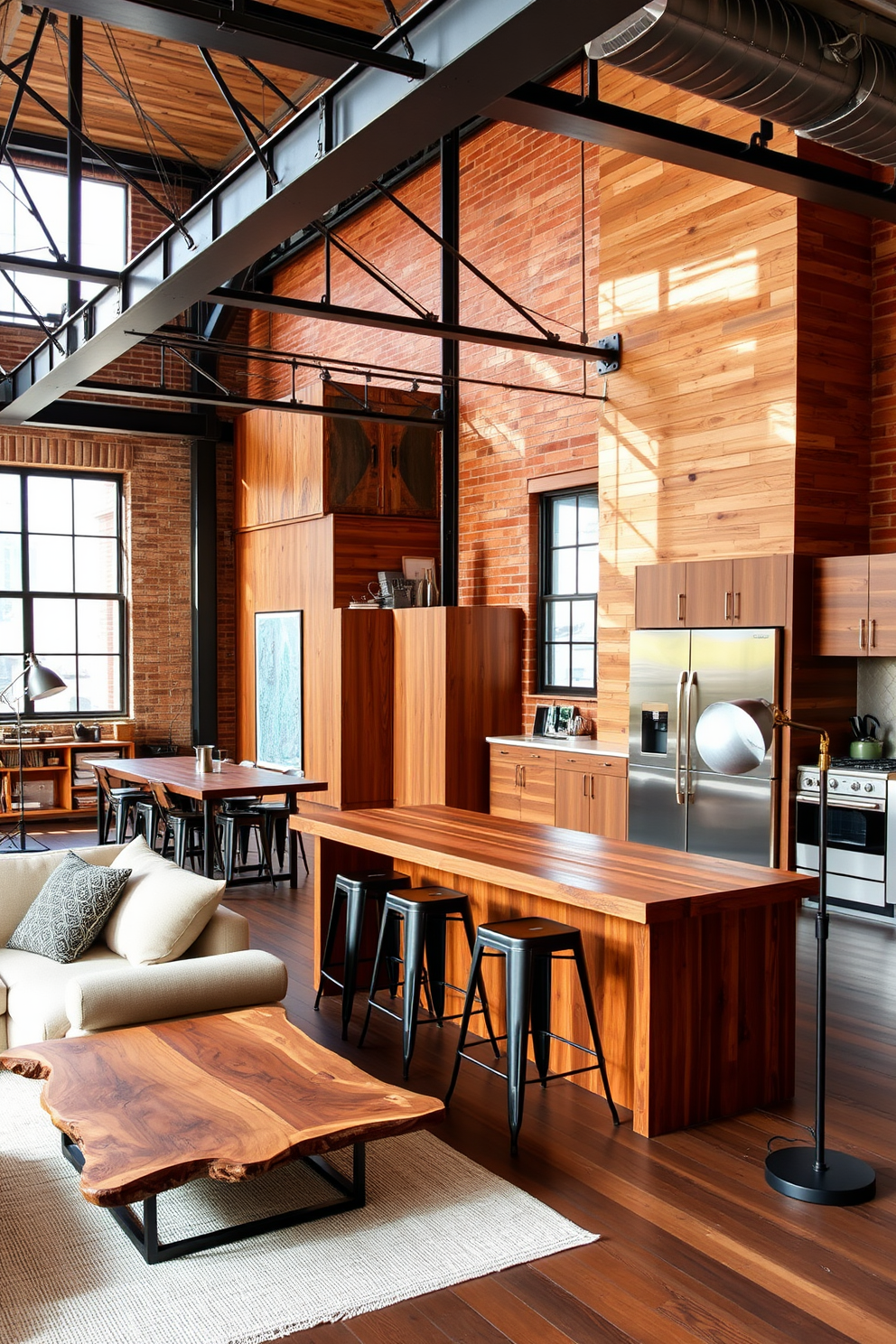 A modern apartment featuring industrial elements with exposed metal beams and warm wooden accents. The open-concept living area showcases a sleek kitchen with stainless steel appliances and a large wooden island, complemented by bar stools with metal frames. The living room includes a comfortable sofa in a neutral tone, paired with a reclaimed wood coffee table and an industrial-style floor lamp. Large windows allow natural light to flood the space, highlighting the combination of raw materials and contemporary furnishings.