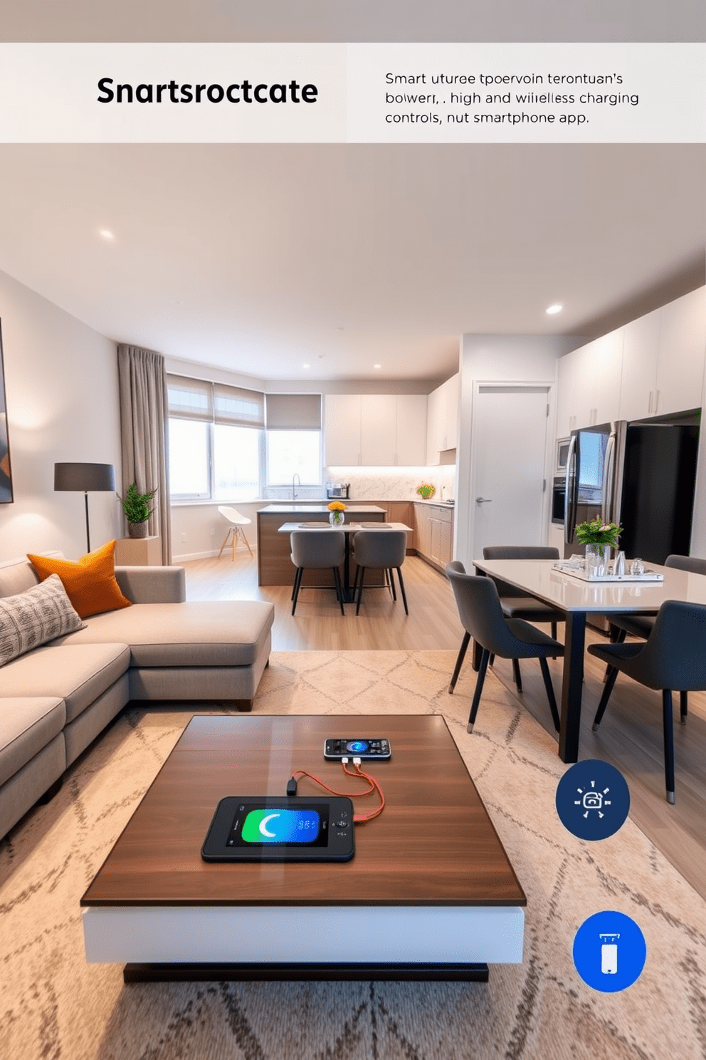 A modern apartment featuring smart home technology for convenience. The living room includes a sleek coffee table with a built-in wireless charging station and automated lighting controlled via a smartphone app. The kitchen showcases high-end appliances that integrate seamlessly with smart devices. A stylish dining area with a smart thermostat and window shades that adjust automatically enhances the overall design.