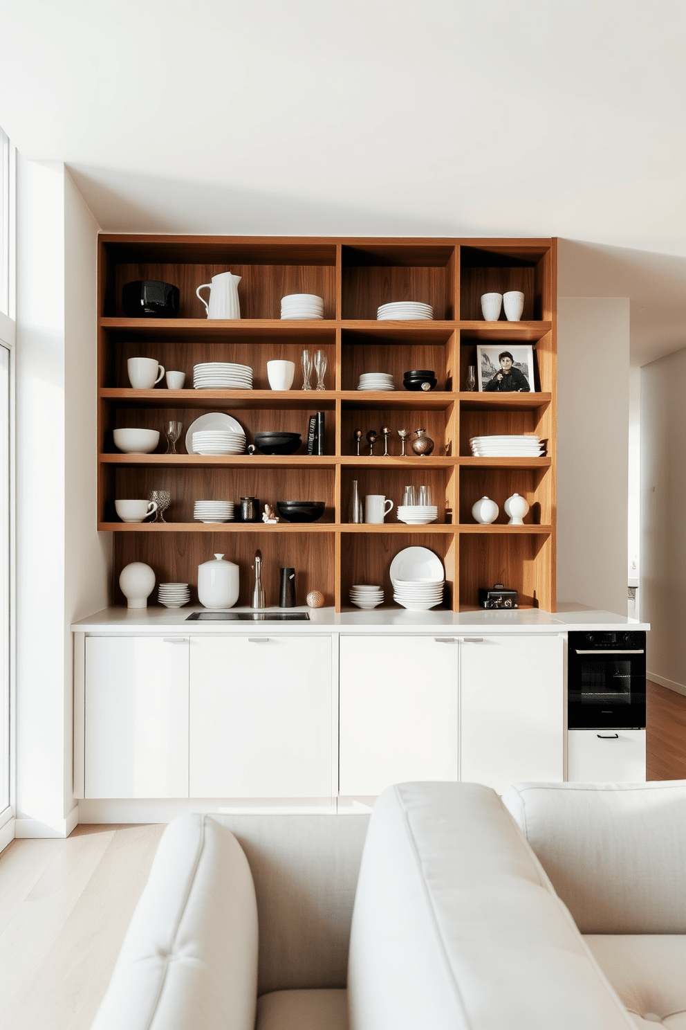 Open shelving in the kitchen design features sleek wooden shelves displaying an array of stylish dishware and decorative items. The backdrop is a soft white wall that enhances the bright and airy feel of the space. Modern apartment design ideas incorporate a minimalist aesthetic with clean lines and functional furniture. Large windows allow natural light to flood the open-concept living area, creating a warm and inviting atmosphere.