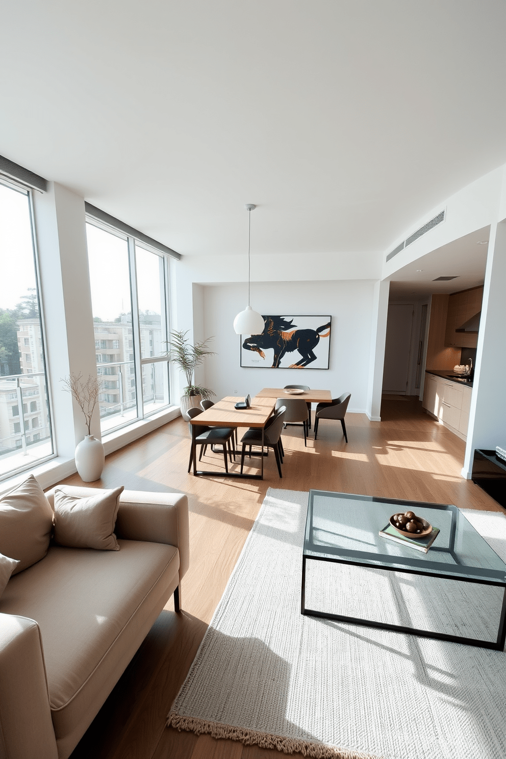 A modern apartment features minimalist furniture with clean lines that create an open and airy feel. The living area is adorned with a sleek sofa in a neutral tone, complemented by a glass coffee table and a simple rug that adds warmth to the space. The dining area showcases a minimalist wooden table surrounded by stylish chairs, emphasizing functionality and elegance. Large windows allow natural light to flood the room, enhancing the overall sense of spaciousness and tranquility.