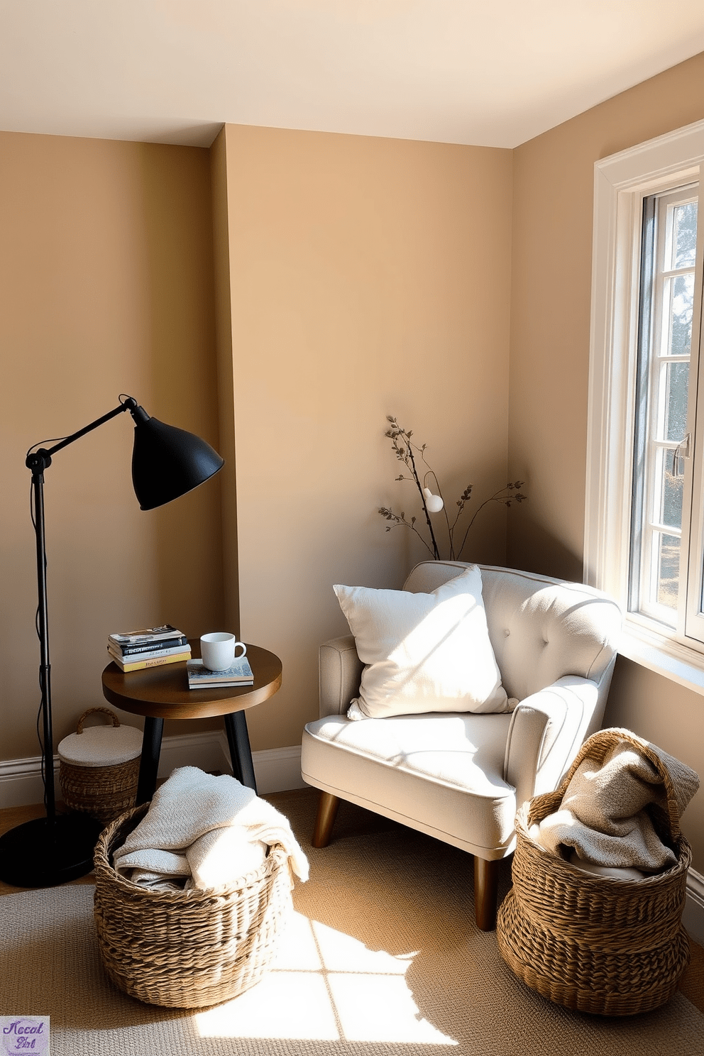 A cozy reading nook bathed in natural light features a plush armchair upholstered in soft fabric, positioned next to a large window. A small wooden side table holds a steaming cup of tea and a stack of favorite books, while a woven basket nearby stores additional blankets and pillows. The walls are painted in a warm neutral tone, creating an inviting atmosphere. A stylish floor lamp stands in the corner, providing additional light for evening reading sessions.