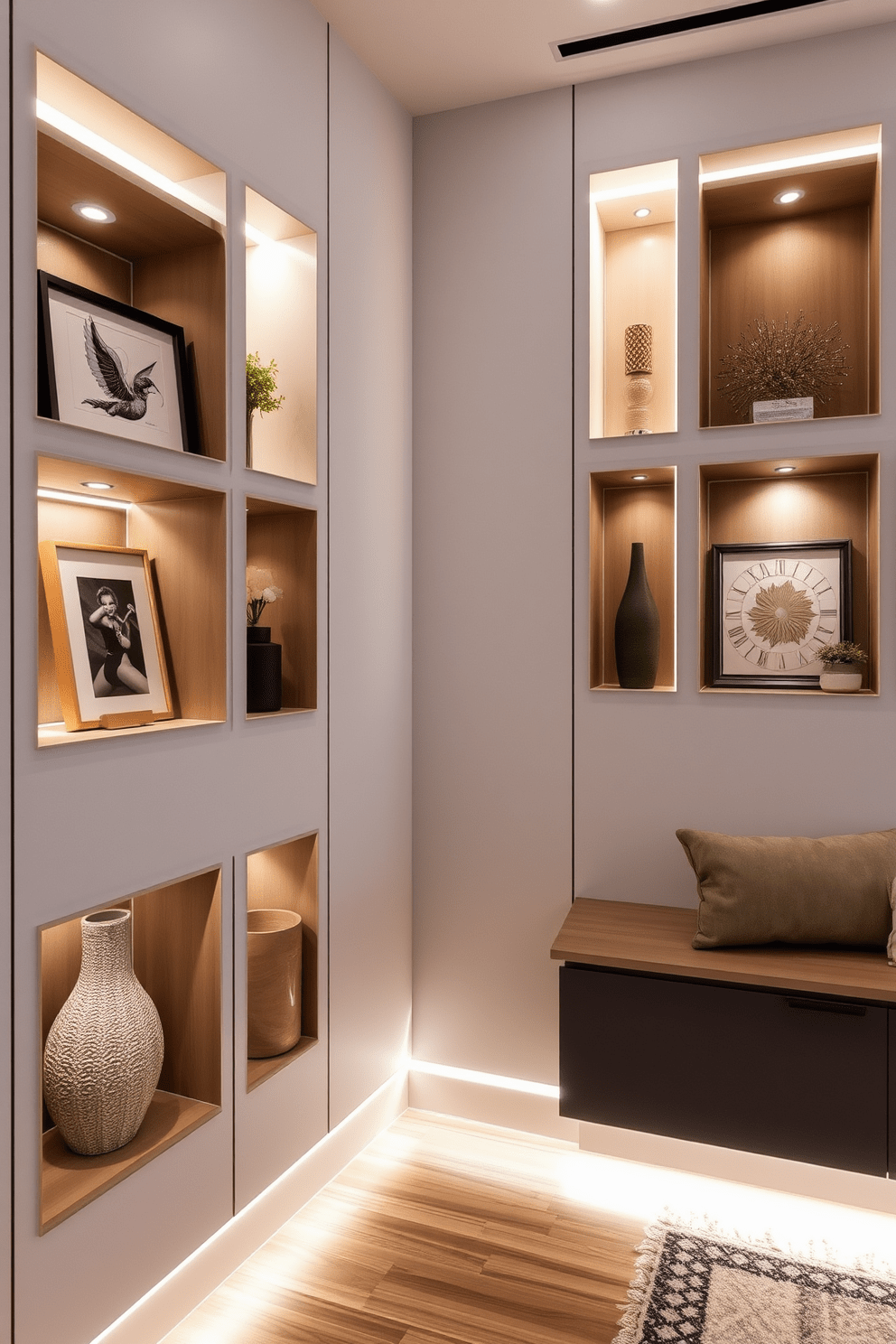 Creative use of wall niches for decor. A modern apartment features sleek wall niches that showcase carefully curated art pieces and decorative objects. The niches are illuminated with soft LED lighting, highlighting the textures and colors of the displayed items. Each niche is designed to complement the overall aesthetic of the apartment, enhancing the contemporary feel.