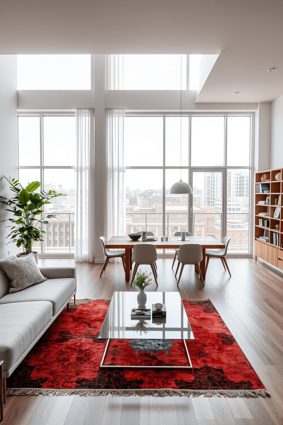 A modern apartment design featuring an open-plan living area with large windows that allow natural light to flood in. The space includes a sleek sofa in a neutral tone, complemented by a glass coffee table and a vibrant area rug. In one corner, a tall indoor plant adds a touch of greenery, while a stylish bookshelf filled with decorative items and books enhances the aesthetic. The dining area features a minimalist wooden table surrounded by contemporary chairs, creating an inviting atmosphere for gatherings.