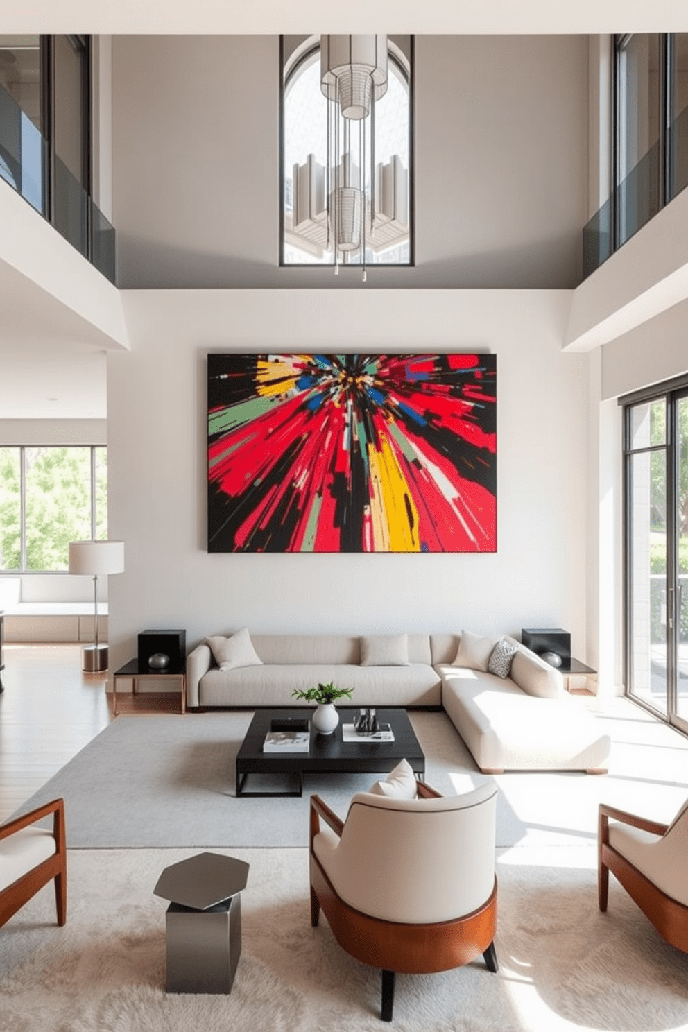 A modern apartment living room features a large statement artwork piece hanging above a sleek, low-profile sofa. The artwork is vibrant and colorful, drawing the eye and creating a dynamic focal point in the space. The room is designed with an open concept layout, incorporating a stylish coffee table and contemporary accent chairs. Large windows allow natural light to flood the area, enhancing the overall ambiance and highlighting the artwork's colors.