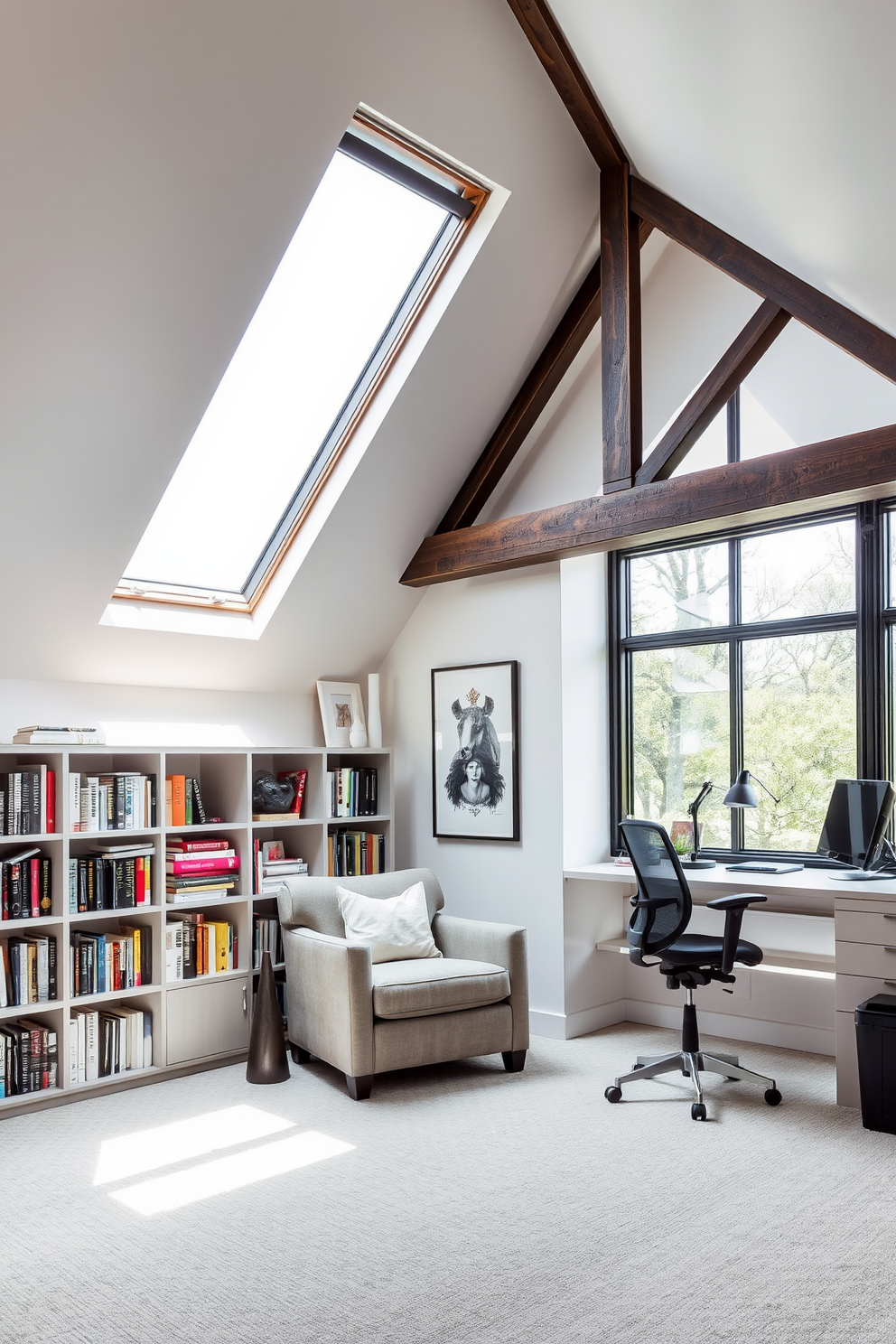 A cozy reading nook with a skylight features a plush armchair upholstered in soft fabric, positioned beneath a large skylight that floods the space with natural light. Surrounding the nook are built-in bookshelves filled with an eclectic mix of books and decorative items, creating an inviting atmosphere for relaxation. Modern attic design ideas incorporate sleek lines and open spaces, with a minimalist aesthetic highlighted by exposed beams and large windows. The design includes a functional workspace with a contemporary desk and ergonomic chair, seamlessly blending style with practicality.