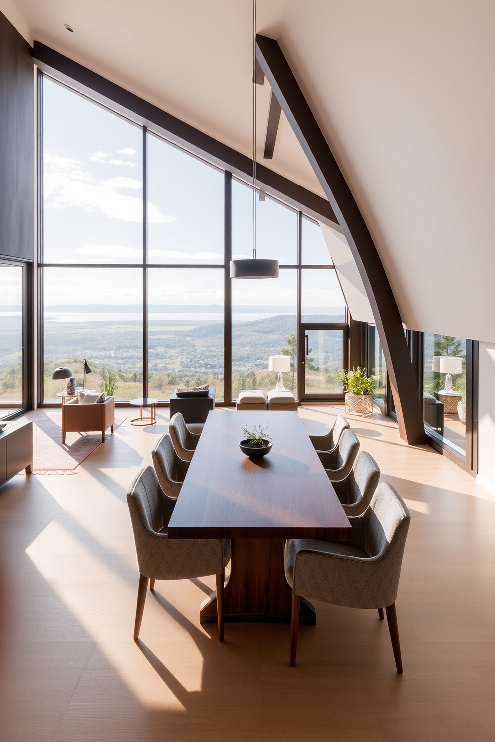 Elegant dining space with panoramic views. The room features a long wooden table surrounded by upholstered chairs, with large floor-to-ceiling windows that showcase the stunning landscape outside. Modern attic design ideas. The space is transformed with sleek furniture, a cozy reading nook by the window, and exposed beams that add character to the minimalist decor.