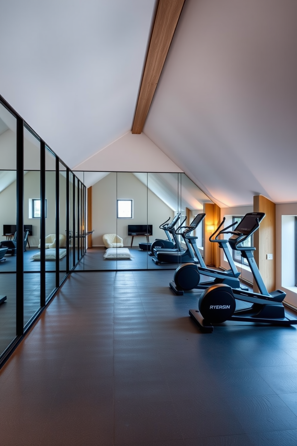 A sleek home gym with mirrored walls features state-of-the-art fitness equipment and a spacious layout. The flooring is a dark rubber material, and the room is illuminated by bright overhead lights, creating an energizing atmosphere. Modern attic design ideas showcase a cozy yet stylish space with sloped ceilings and large windows. The decor includes minimalist furniture, soft lighting, and a blend of natural materials to enhance the warmth and functionality of the area.