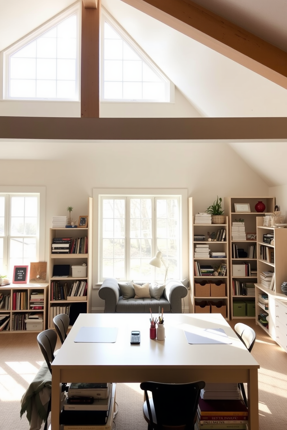 Inviting craft room with natural light. The room features large windows that allow sunlight to flood in, illuminating a spacious worktable surrounded by organized shelves filled with art supplies and materials. Modern attic design ideas. The space showcases a sleek, minimalist aesthetic with exposed beams, a cozy reading nook with plush seating, and a neutral color palette that enhances the airy feel of the room.