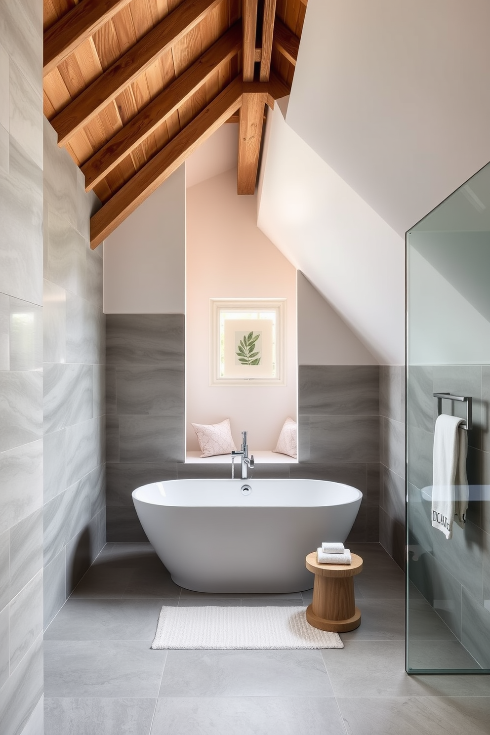 A modern bathroom featuring a sleek freestanding tub positioned in the center. The walls are adorned with large format tiles in a soft gray, creating a serene atmosphere. An inviting attic space designed with a cozy reading nook. Exposed wooden beams contrast beautifully with soft pastel colors on the walls and furnishings.