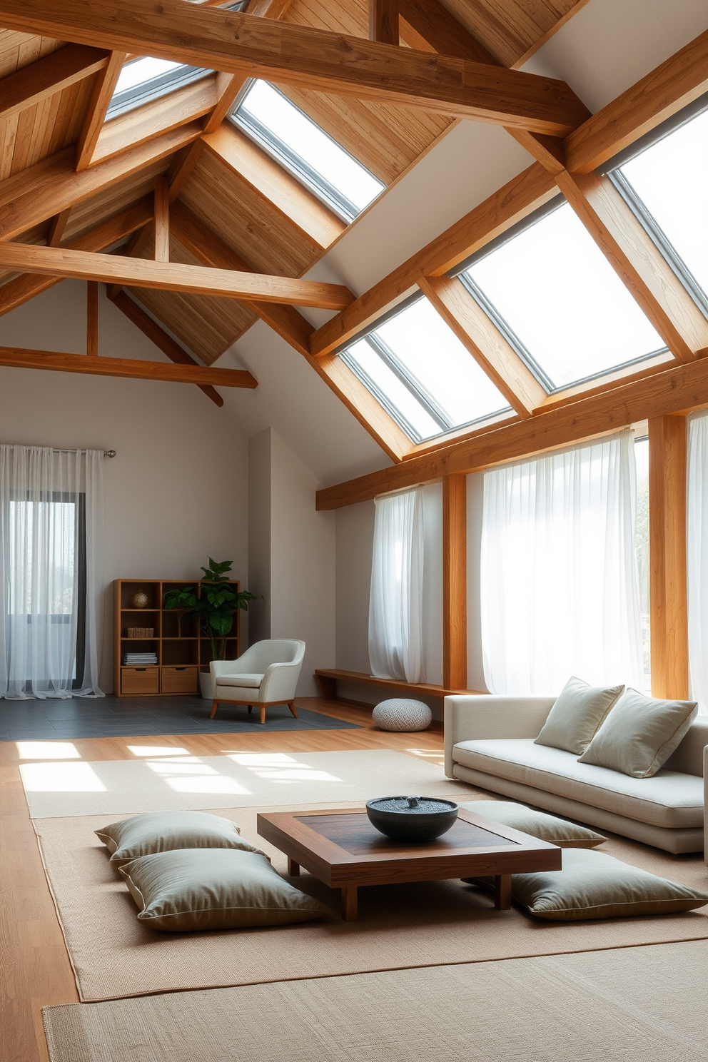 A serene zen meditation corner featuring soft natural light filtering through sheer curtains. There are floor cushions in muted earth tones arranged around a low wooden table, with a small indoor fountain providing soothing sounds. A stylish modern attic design with exposed wooden beams and large skylights that fill the space with light. The area is furnished with a minimalist sofa and a sleek coffee table, complemented by a cozy reading nook with a plush armchair and a small bookshelf.