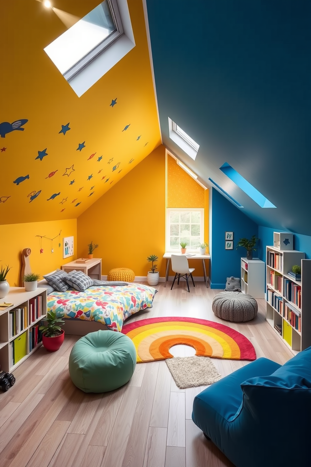 A playful kids' room filled with vibrant colors. The walls are painted in bright hues of blue and yellow, featuring whimsical wall decals of animals and stars. The room includes a cozy bed with a colorful duvet and a playful rug shaped like a rainbow. A small reading nook with bean bags and a bookshelf overflowing with books completes the cheerful atmosphere. Modern attic design ideas that maximize space and light. The room features sloped ceilings with large skylights that allow natural light to flood in. A minimalist approach is taken with sleek furniture, including a simple desk and a comfortable lounge chair. The decor is accented with plants and neutral tones to create a serene retreat.