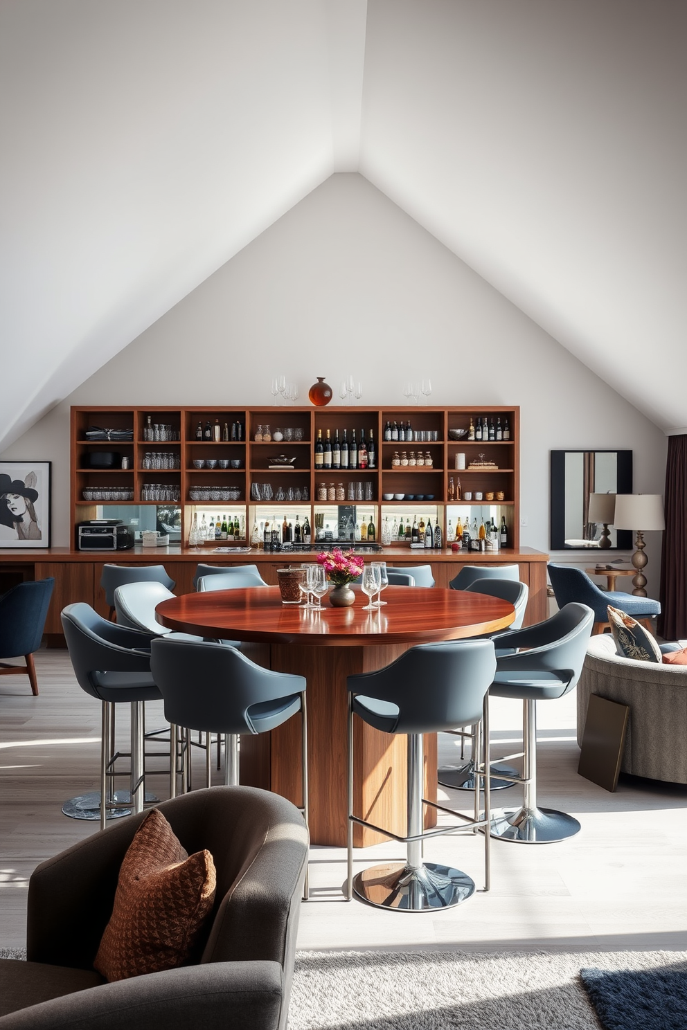 A sophisticated bar area featuring sleek high-end stools arranged around a polished wooden bar. The backdrop includes a stylish shelving unit displaying an array of premium spirits and elegant glassware. Modern attic design ideas that emphasize open space and natural light. The room showcases a blend of contemporary furniture and cozy textiles, with large windows offering stunning views of the surroundings.