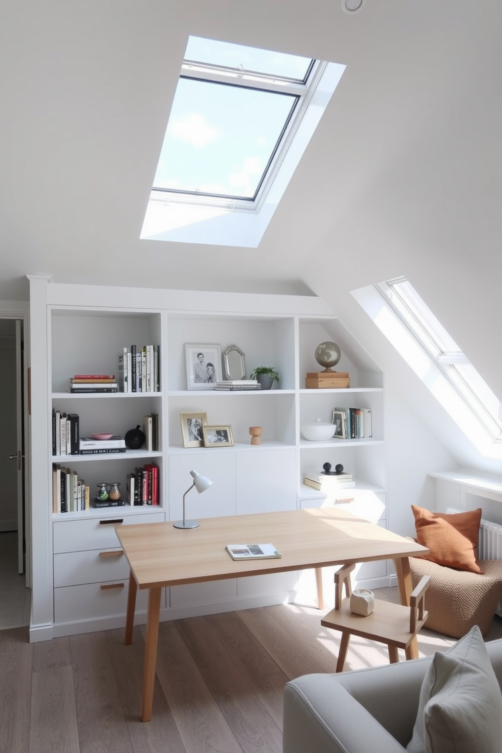 A minimalist workspace with built-in shelving features a sleek desk made of light wood positioned against a white wall. Above the desk, custom-built shelves display a curated selection of books and decorative items, enhancing the clean aesthetic. The modern attic design incorporates large skylights that flood the space with natural light. The walls are painted in a soft gray, and the furniture is a mix of contemporary pieces and cozy accents, creating a harmonious balance.