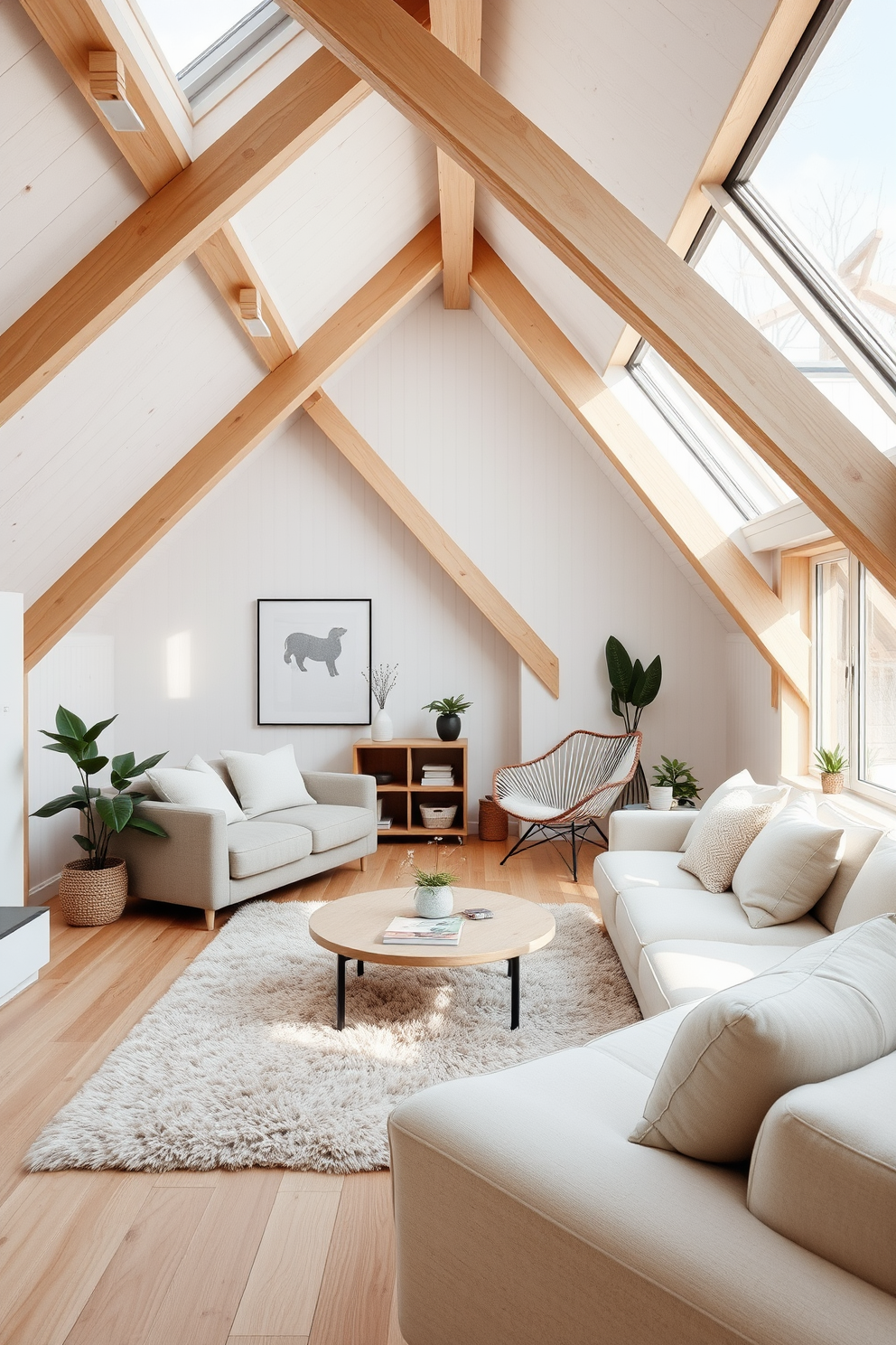 A cozy Scandinavian living room featuring light wood accents and a neutral color palette. The space includes a comfortable sofa adorned with soft cushions, a minimalist coffee table, and a plush area rug that adds warmth. An inviting modern attic design showcasing exposed wooden beams and large windows that flood the space with natural light. The layout incorporates a stylish reading nook with a contemporary chair, a small bookshelf, and decorative plants that enhance the airy atmosphere.