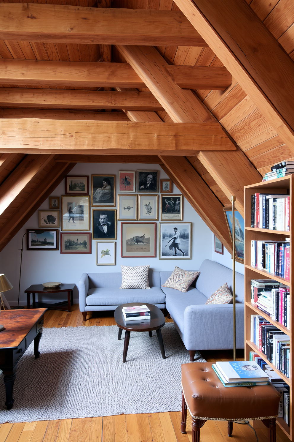 A cozy attic space featuring vintage decor mixed with modern elements. Exposed wooden beams create a warm atmosphere while a sleek, contemporary sofa contrasts with an antique coffee table. The walls are adorned with a mix of vintage artwork and modern prints, creating a unique gallery feel. A retro floor lamp stands next to a minimalist bookshelf filled with both classic novels and modern design books.