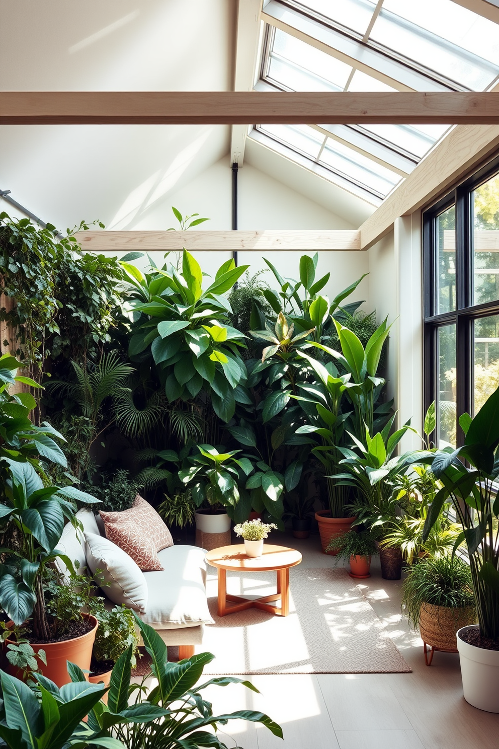 A lush indoor garden filled with a variety of vibrant green plants creates a serene atmosphere. Sunlight filters through large windows, illuminating a cozy seating area adorned with soft cushions and a small coffee table. The modern attic design features sleek lines and open spaces that maximize natural light. A minimalist aesthetic is achieved with neutral colors and contemporary furniture, complemented by exposed beams that add character to the room.