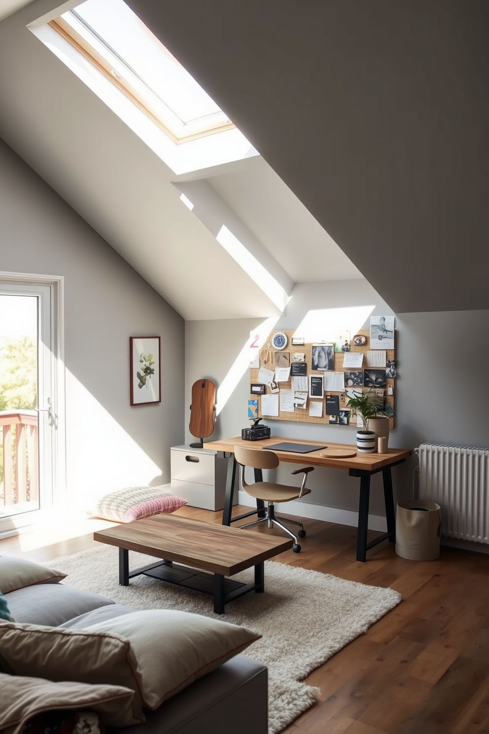 A creative workspace with a mood board wall featuring various textures and colors pinned up for inspiration. The desk is made of reclaimed wood and is positioned near a large window that allows natural light to flood the room. Modern attic design ideas showcase a cozy seating area with plush cushions and a low coffee table. The walls are painted in a soft gray, and exposed beams add character to the space while large skylights brighten the room.